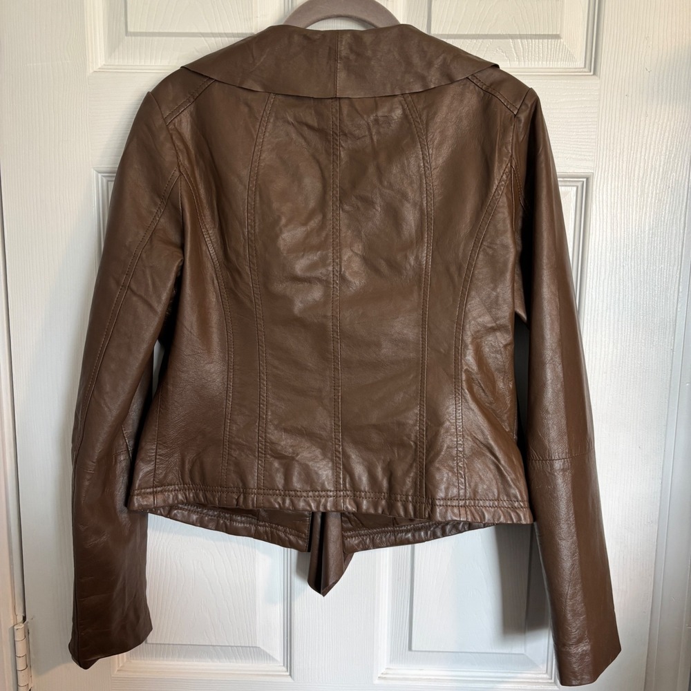 Neiman Marcus Exclusive Brown Genuine Leather Ruffle Draped Front Jacket Medium - Picture 3 of 15